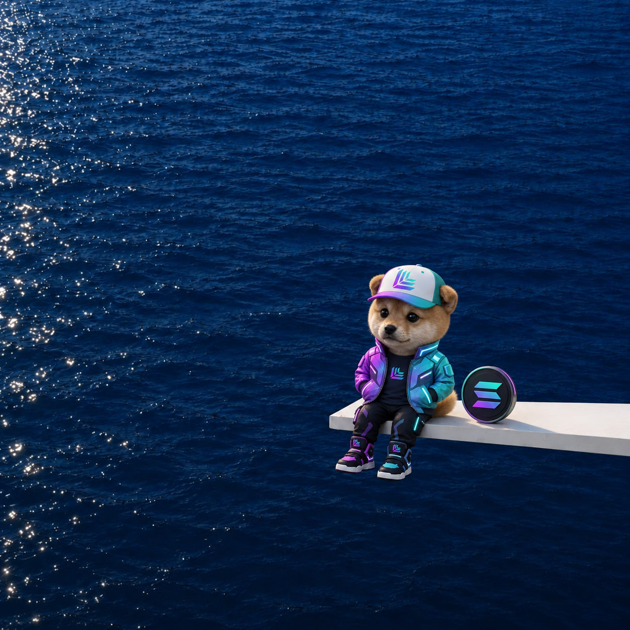 LOOM sitting by the ocean next to a Solana coin