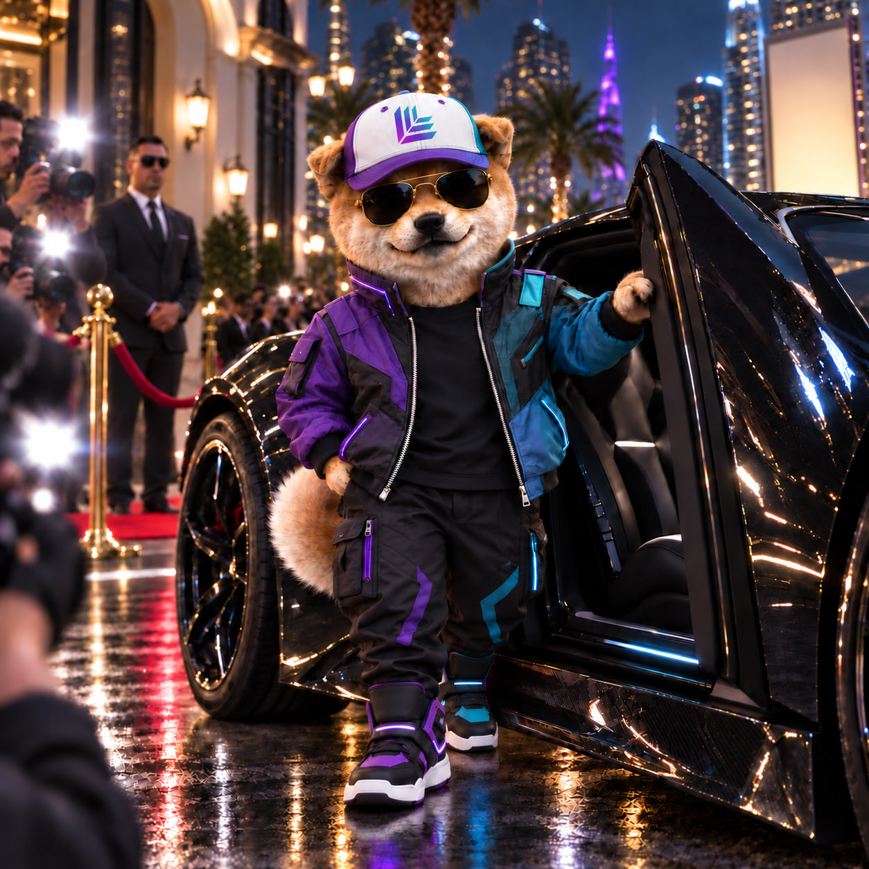 LOOM arriving on a red carpet in a purple and cyan jacket